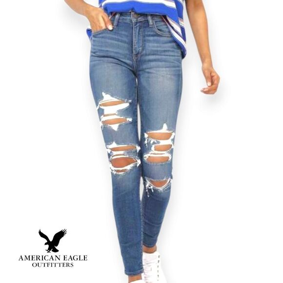 American Eagle Women's Hi-Rise Jeans Denim Blue Skinny Distressed Size 6 Small - Picture 1 of 16